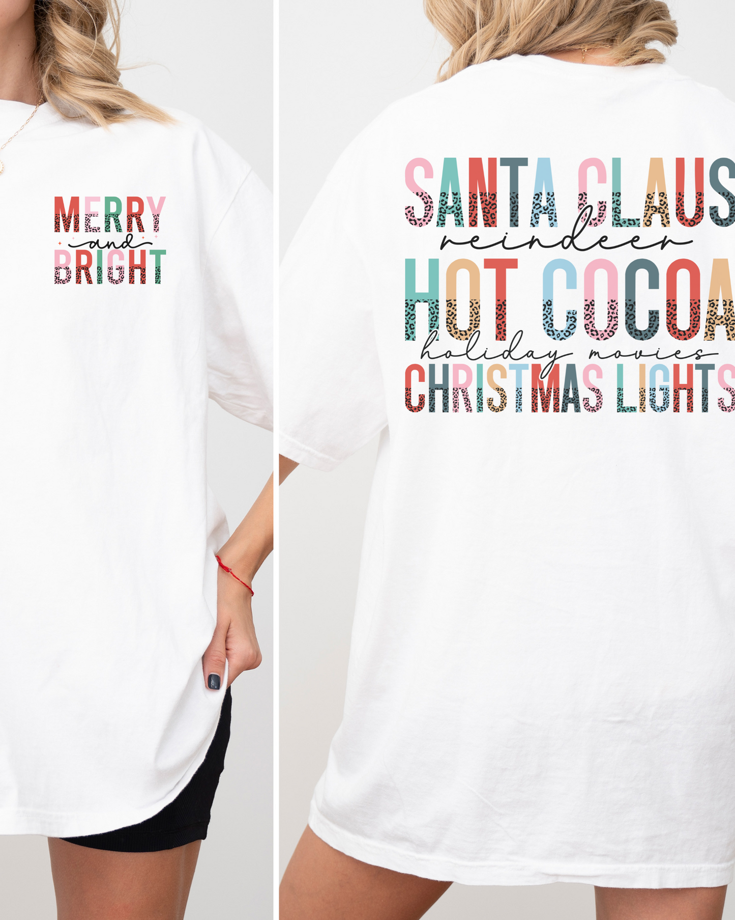 Merry & Bright Christmas WHITE Heavyweight Cotton Women's Graphic Tee