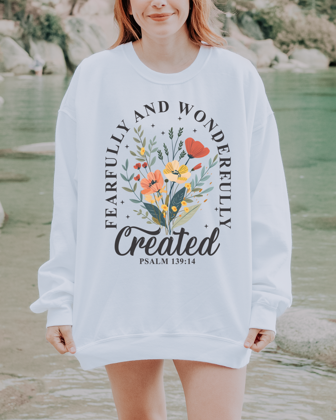 Fearfully and Wonderfully Created Bible Verse Heavy Blend WHITE Women's Graphic Sweatshirt