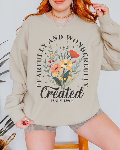 Fearfully and Wonderfully Created Bible Verse Heavy Blend SAND Women's Graphic Sweatshirt