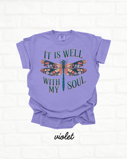 It Is Well With My Soul Dragonfly Violet PURPLE Heavyweight Cotton Women's Graphic Tee