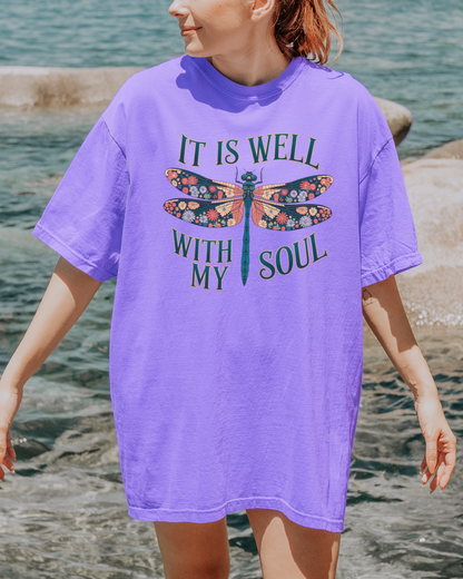 It Is Well With My Soul Dragonfly Violet PURPLE Heavyweight Cotton Women's Graphic Tee