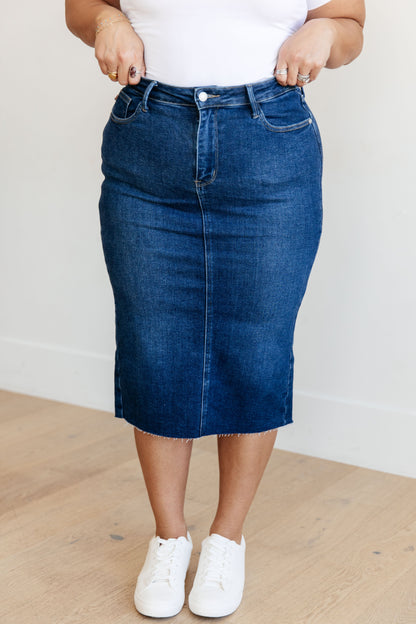 Marcy High Rise Denim Midi Skirt | Judy Blue