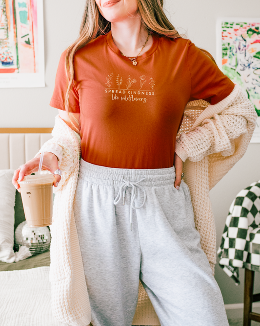 Spread Kindness Like Wildflowers Autumn ORANGE Lightweight Cotton Tee