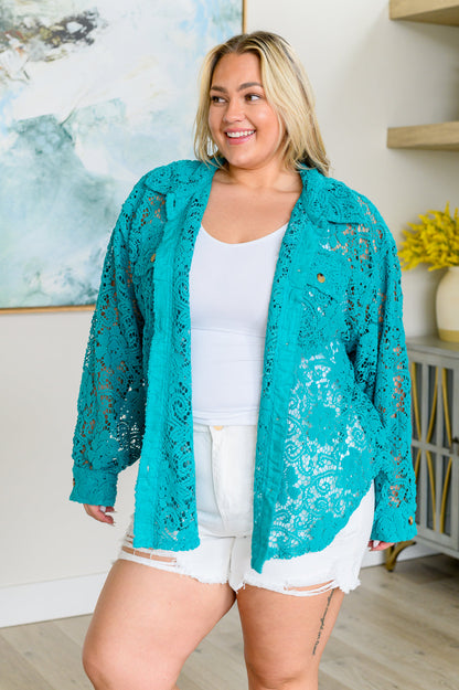 Topped with Lace Button Down in Blue Turquoise