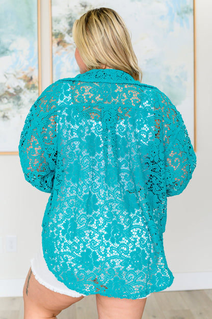 Topped with Lace Button Down in Blue Turquoise