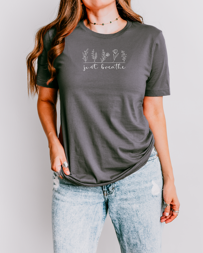 Just Breathe Wildflowers Asphalt GRAY Lightweight Cotton Tee