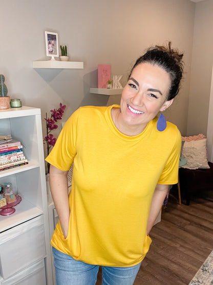 Egg Yolk Yellow Crew Neck Short Sleeve Tunic With Pockets | 4 sizes