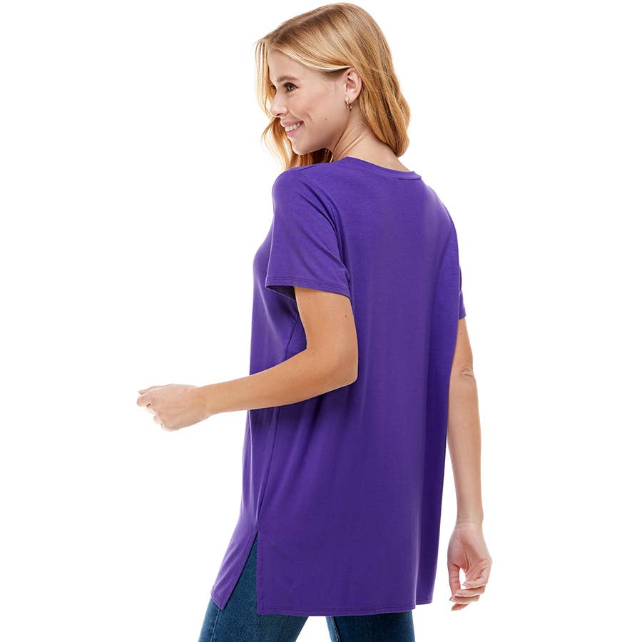 Purple Crew Neck Short Sleeve Slit Sides Tunic | 4 sizes