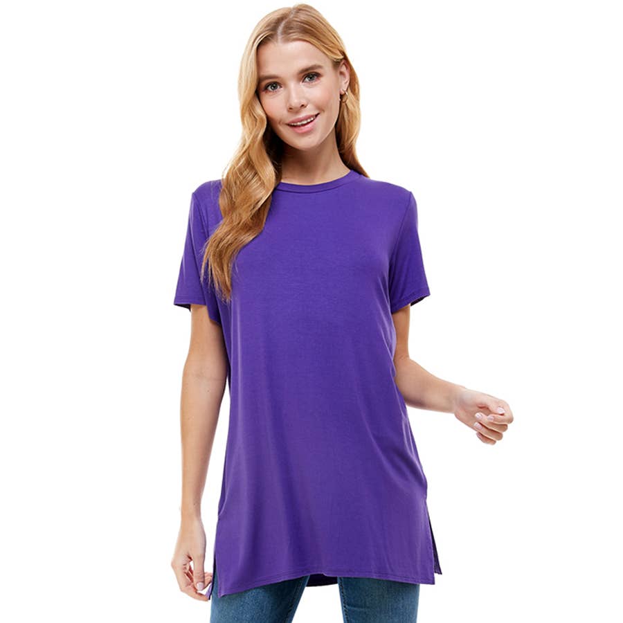 Purple Crew Neck Short Sleeve Slit Sides Tunic | 4 sizes