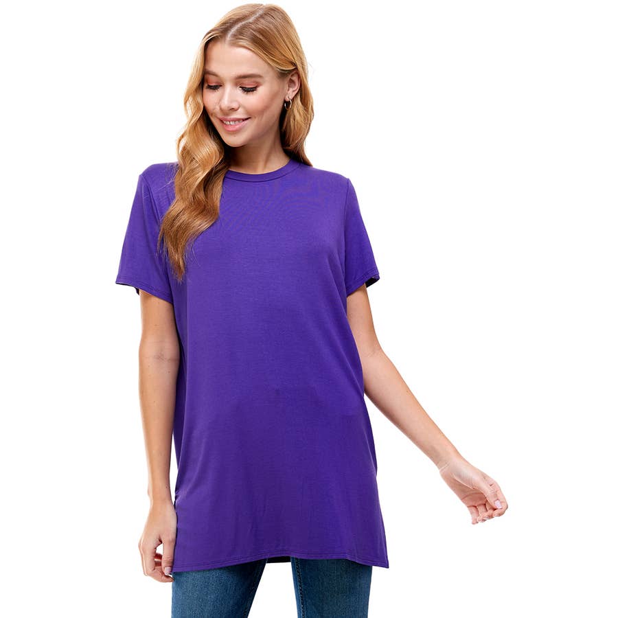 Purple Crew Neck Short Sleeve Slit Sides Tunic | 4 sizes