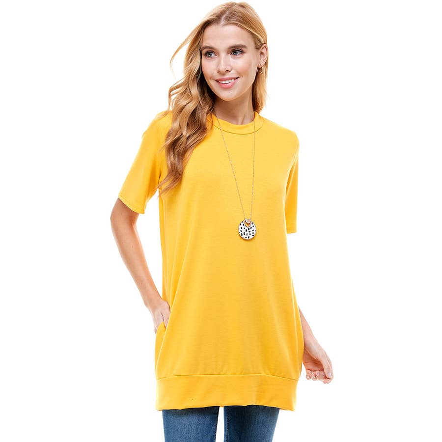 Egg Yolk Yellow Crew Neck Short Sleeve Tunic With Pockets | 4 sizes