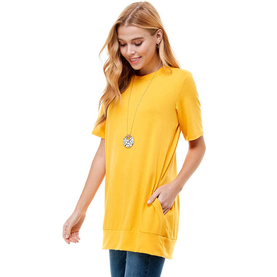 Egg Yolk Yellow Crew Neck Short Sleeve Tunic With Pockets | 4 sizes