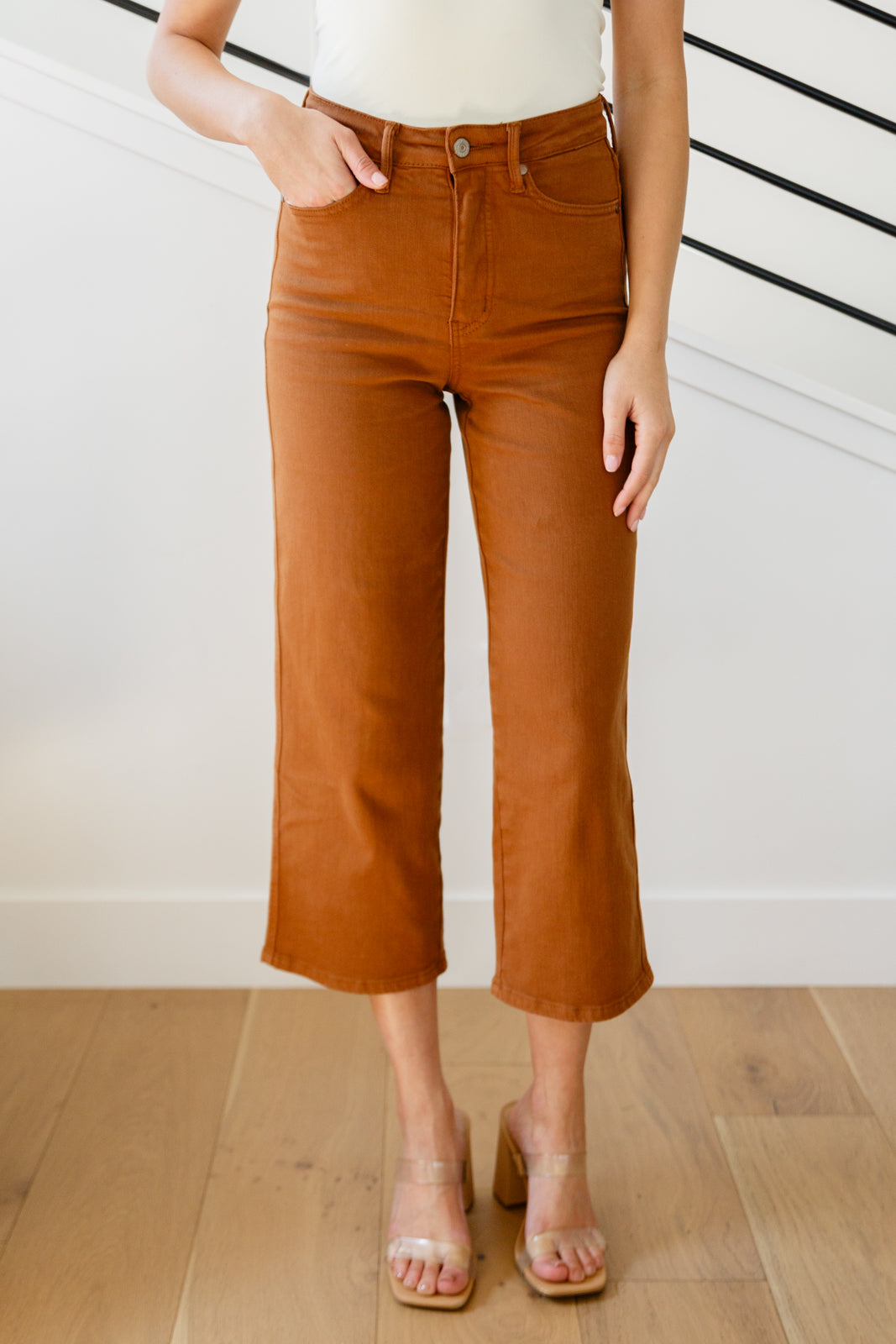 Briar High Rise TUMMY CONTROL Top Wide Leg Crop Jeans in Camel | Judy Blue