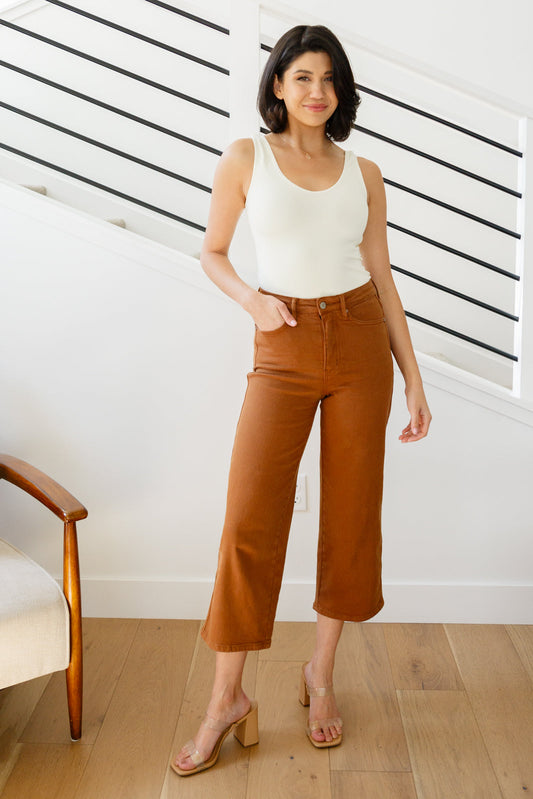 Briar High Rise TUMMY CONTROL Top Wide Leg Crop Jeans in Camel | Judy Blue