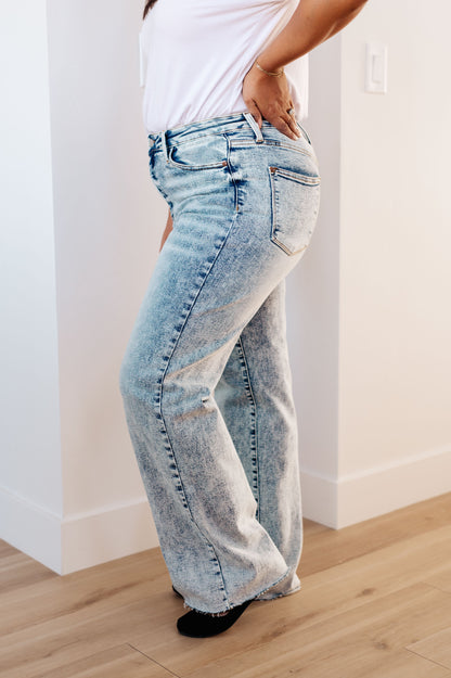 Dory High Waist Mineral Wash Raw Hem Wide Leg Jeans | Judy Blue