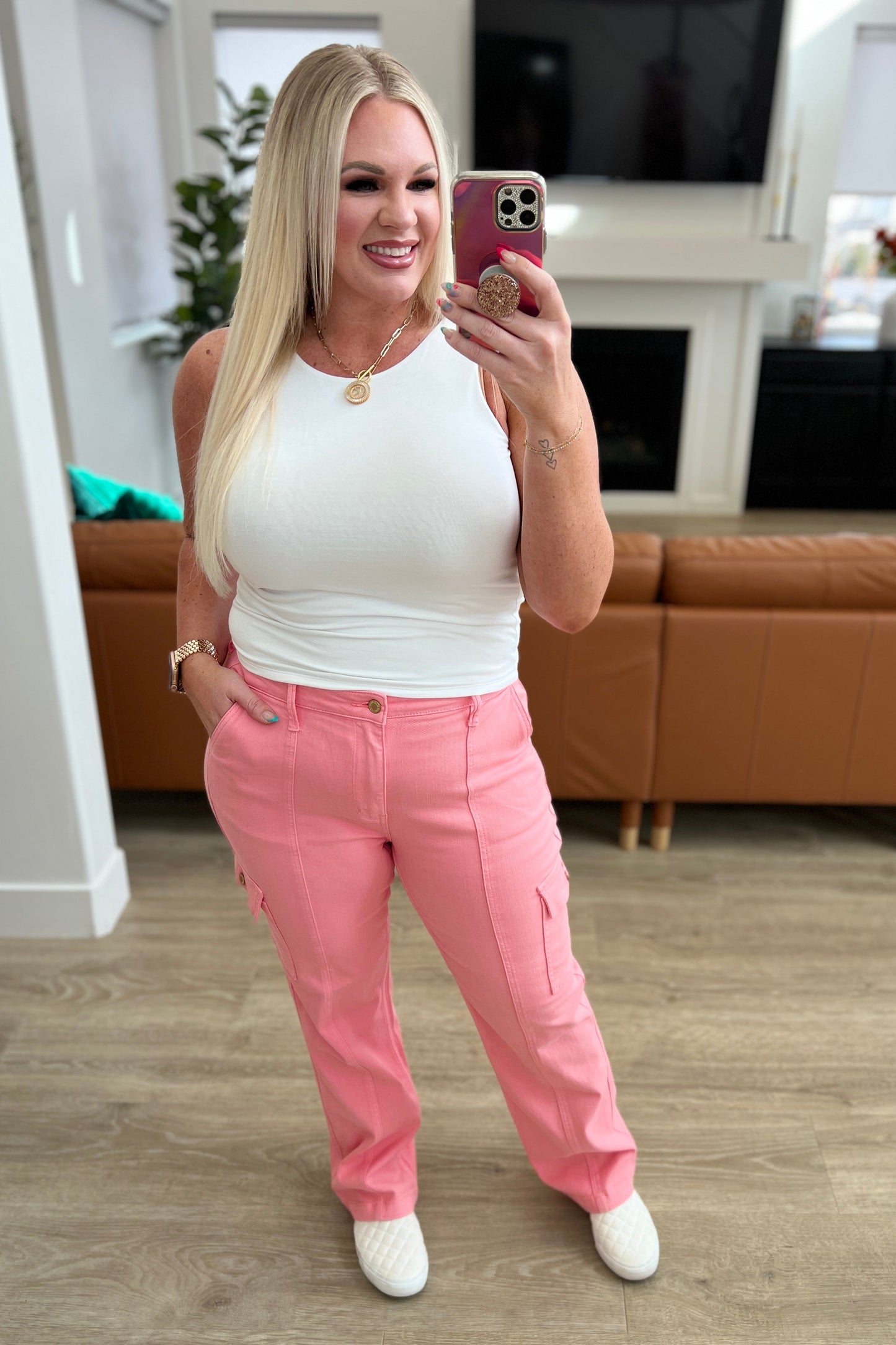 Peggy High Rise Cargo Straight Jeans in Pink | Judy Blue