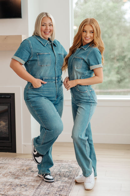 Sylvia Short Sleeve Denim Jumpsuit 1X-3X | Judy Blue