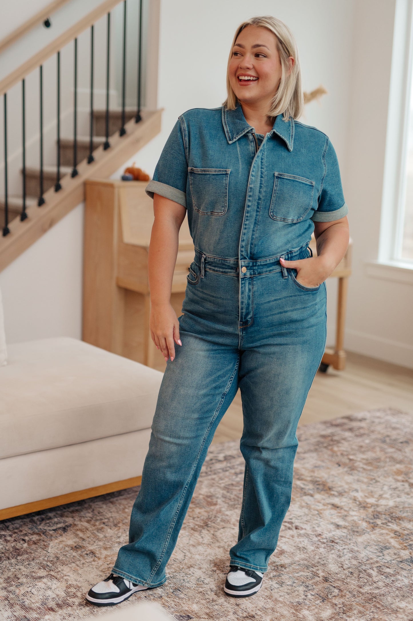 Sylvia Short Sleeve Denim Jumpsuit 1X-3X | Judy Blue