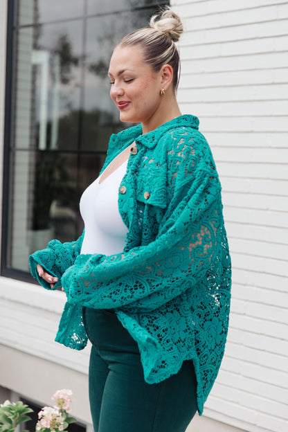 Topped with Lace Button Down in Blue Turquoise