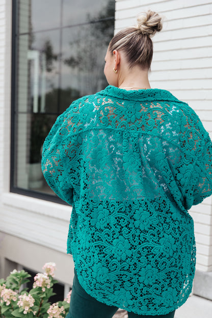 Topped with Lace Button Down in Blue Turquoise