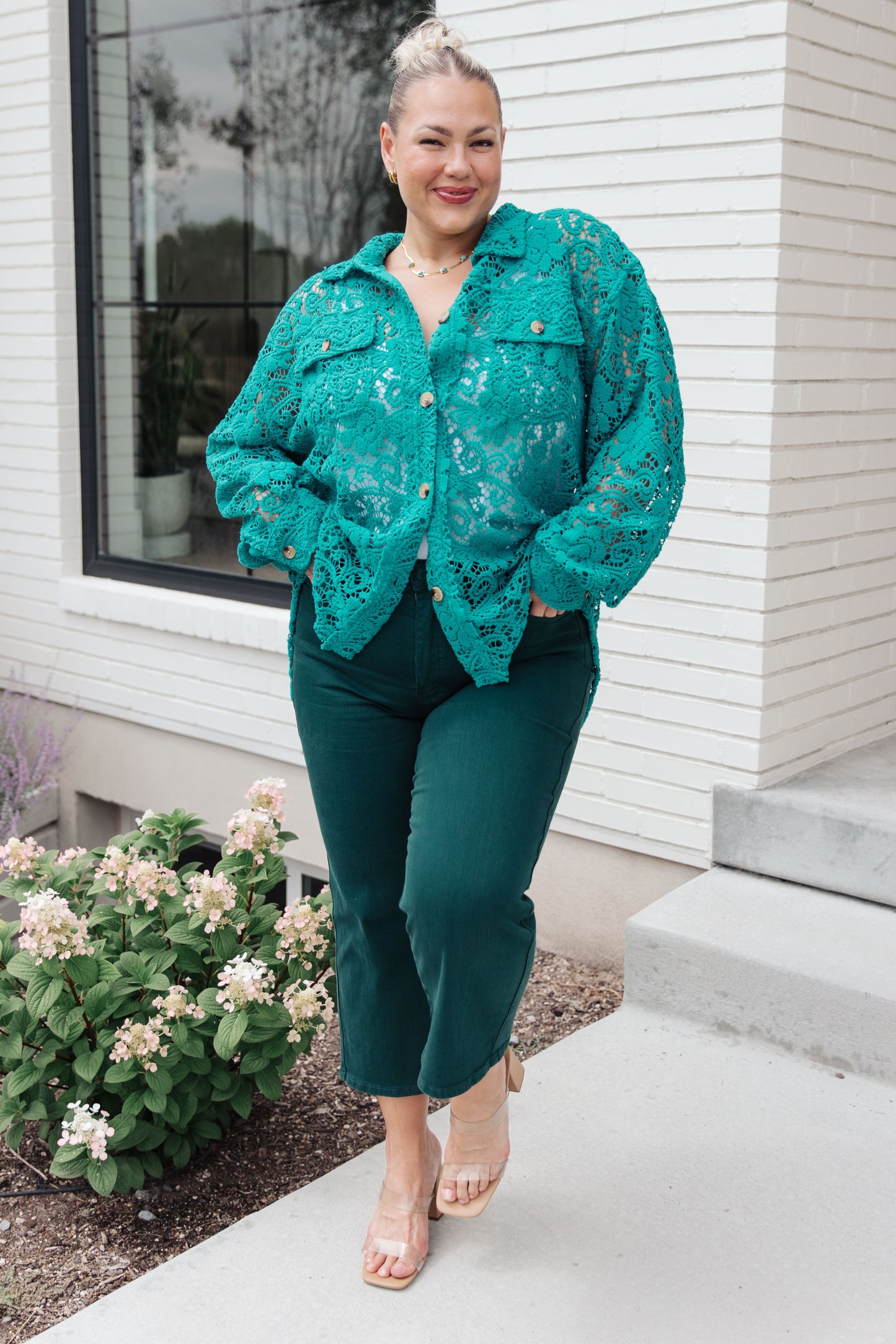 Topped with Lace Button Down in Blue Turquoise