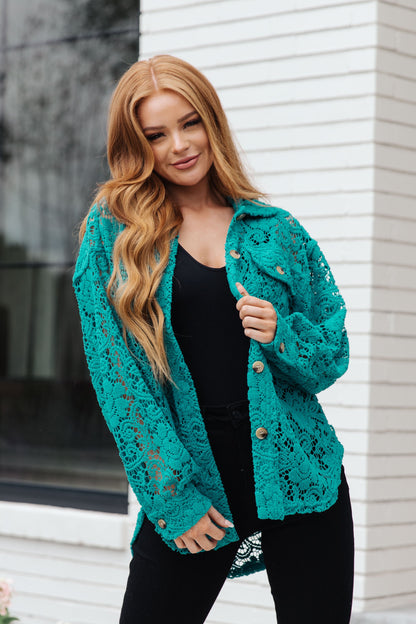 Topped with Lace Button Down in Blue Turquoise